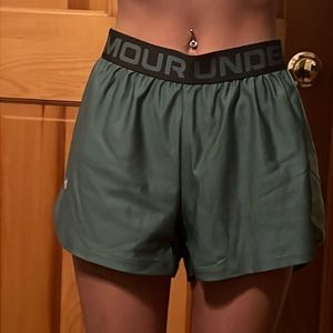 Under Armor athletic shorts, green and grey, size small